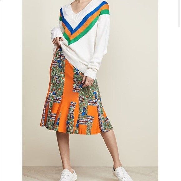 TORY BURCH Jada Skirt Orange Bird Jungle Gored Something Wild Stripe SIZE MEDIUM - Picture 2 of 13